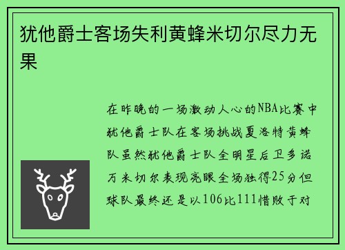 犹他爵士客场失利黄蜂米切尔尽力无果